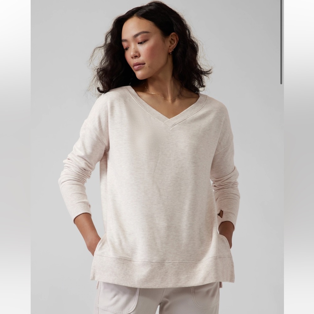 Athleta Coaster Luxe V Neck Sweater Toasted Brown Heather